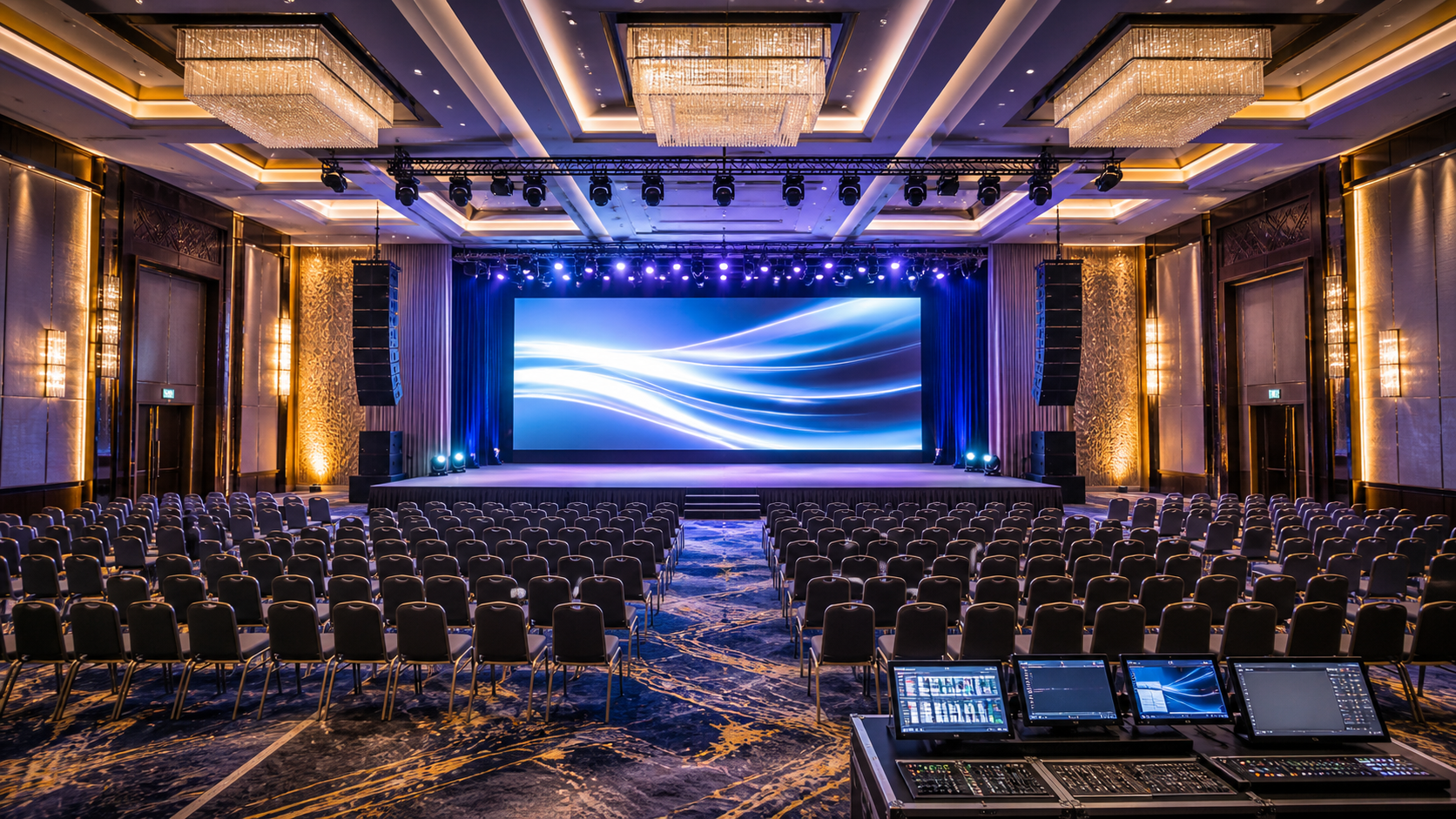 Empty auditorium stage, LED screen, sound system and control console