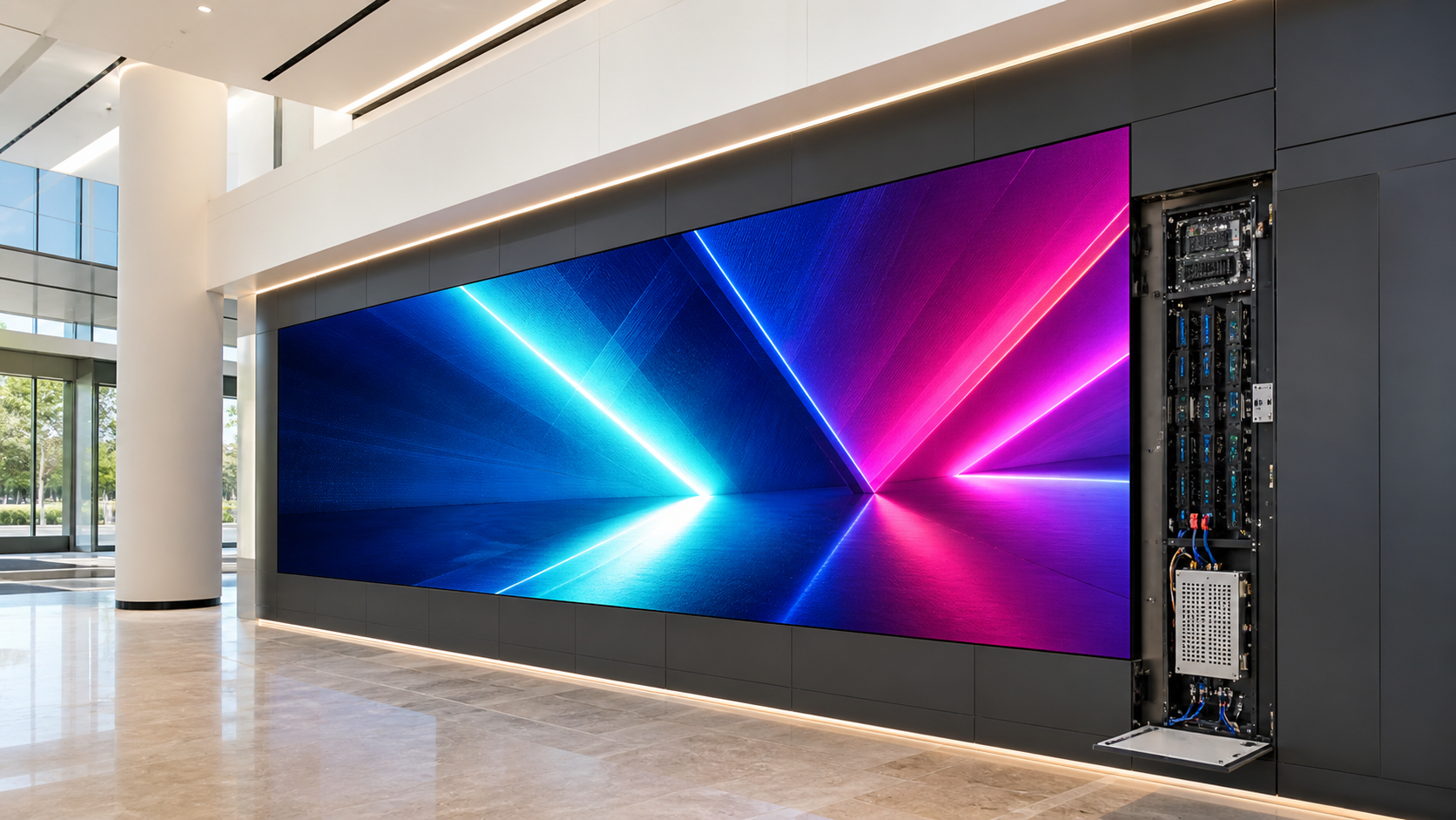 Front LED display wall and rear service bay in a corporate lobby