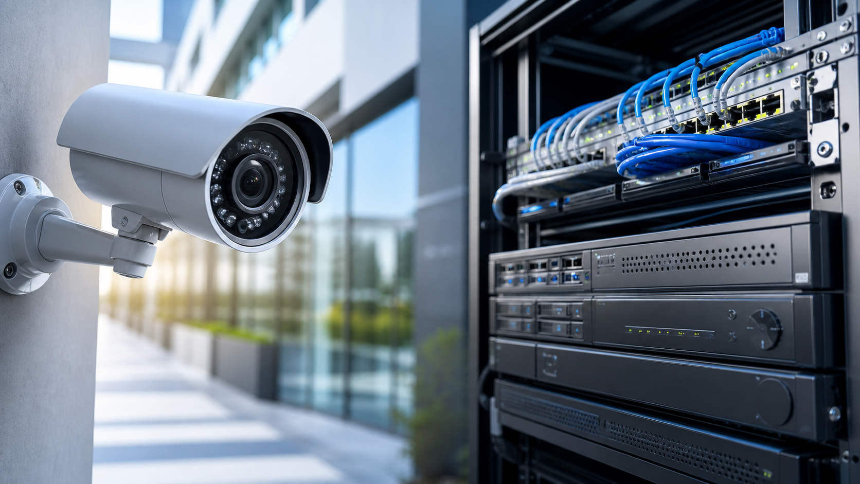 Exterior cameras, connection equipment and network rack on a building site